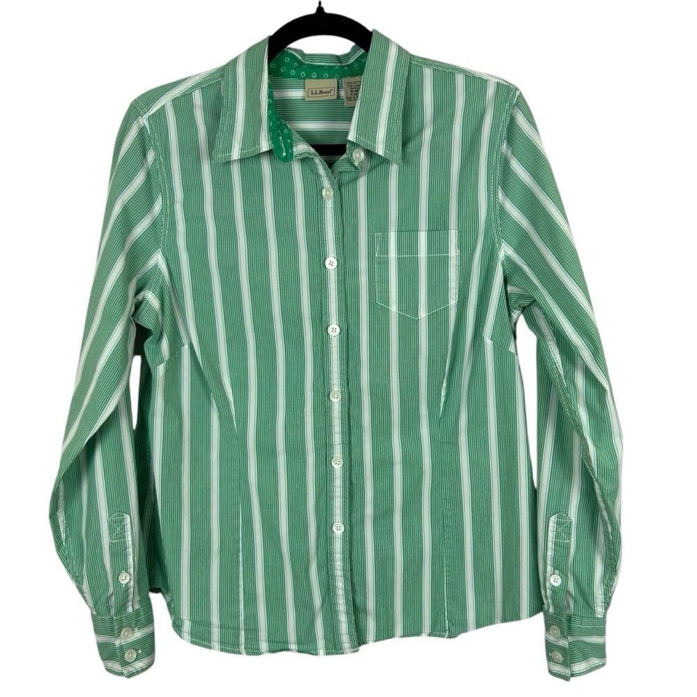 L.L. Bean Green and White Striped Shirt Size Medium